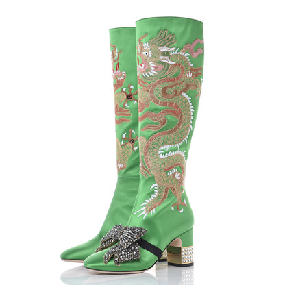 Gucci Silk Satin Malaga Kid Embroidered Candy Dragon Block-Heel Knee Boot 36 Green 4 of 20