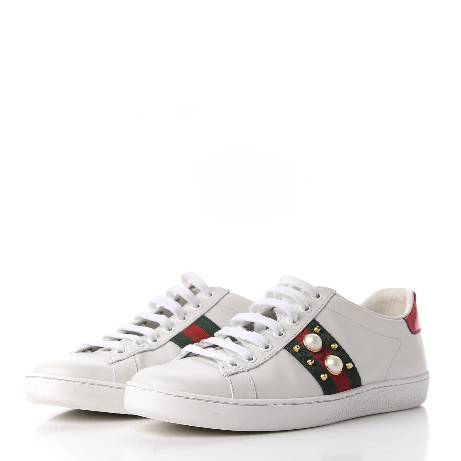 Gucci Calfskin Web Pearl Studded Womens Ace Sneakers 38 White 2 of 14