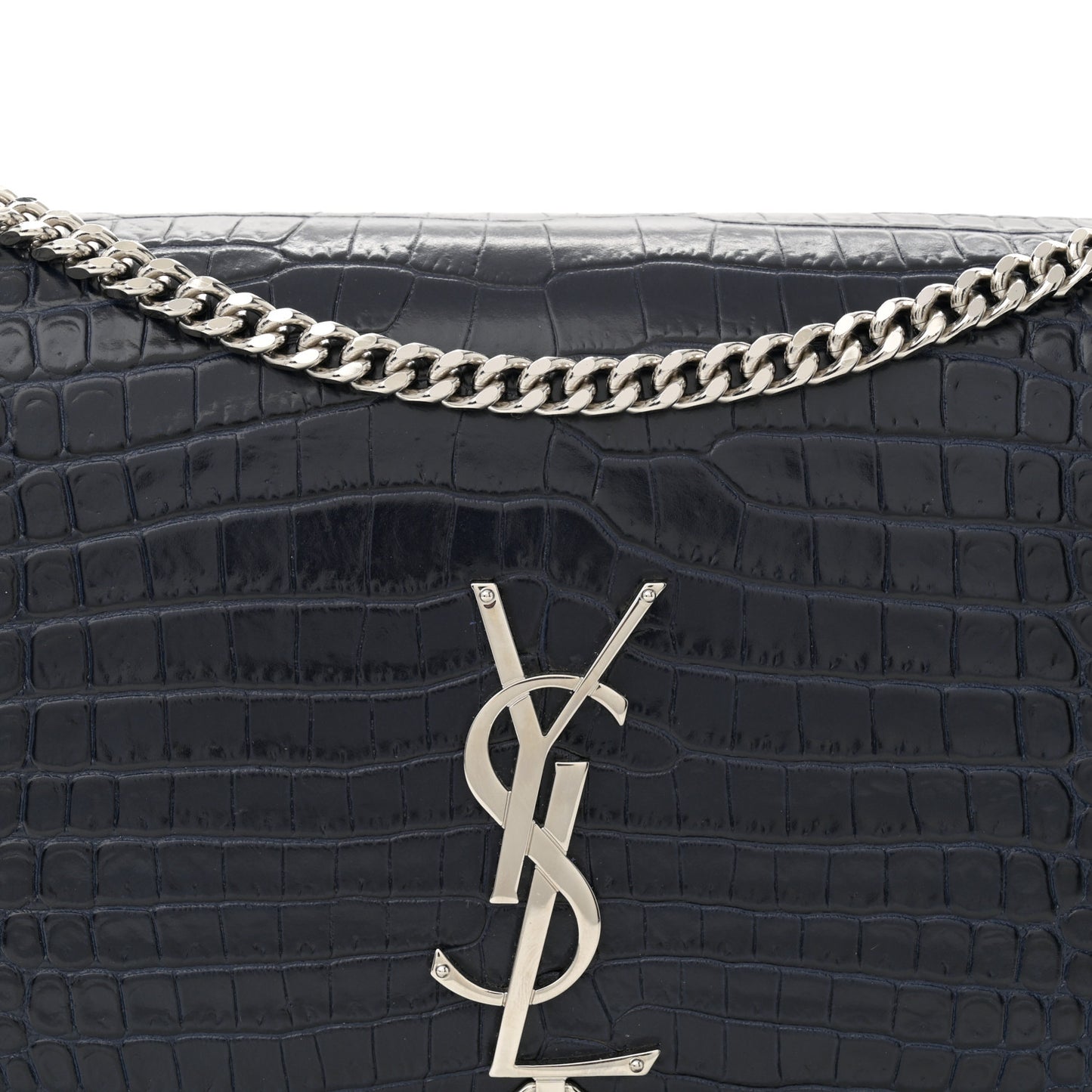 Calfskin Crocodile Embossed Medium Classic Monogram Kate Tassel Satchel Deep Marine