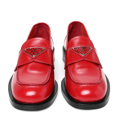 Prada Brushed Calfskin Metal Triangle Logo 20mm Loafers 35 Scarlatto 2 of 7