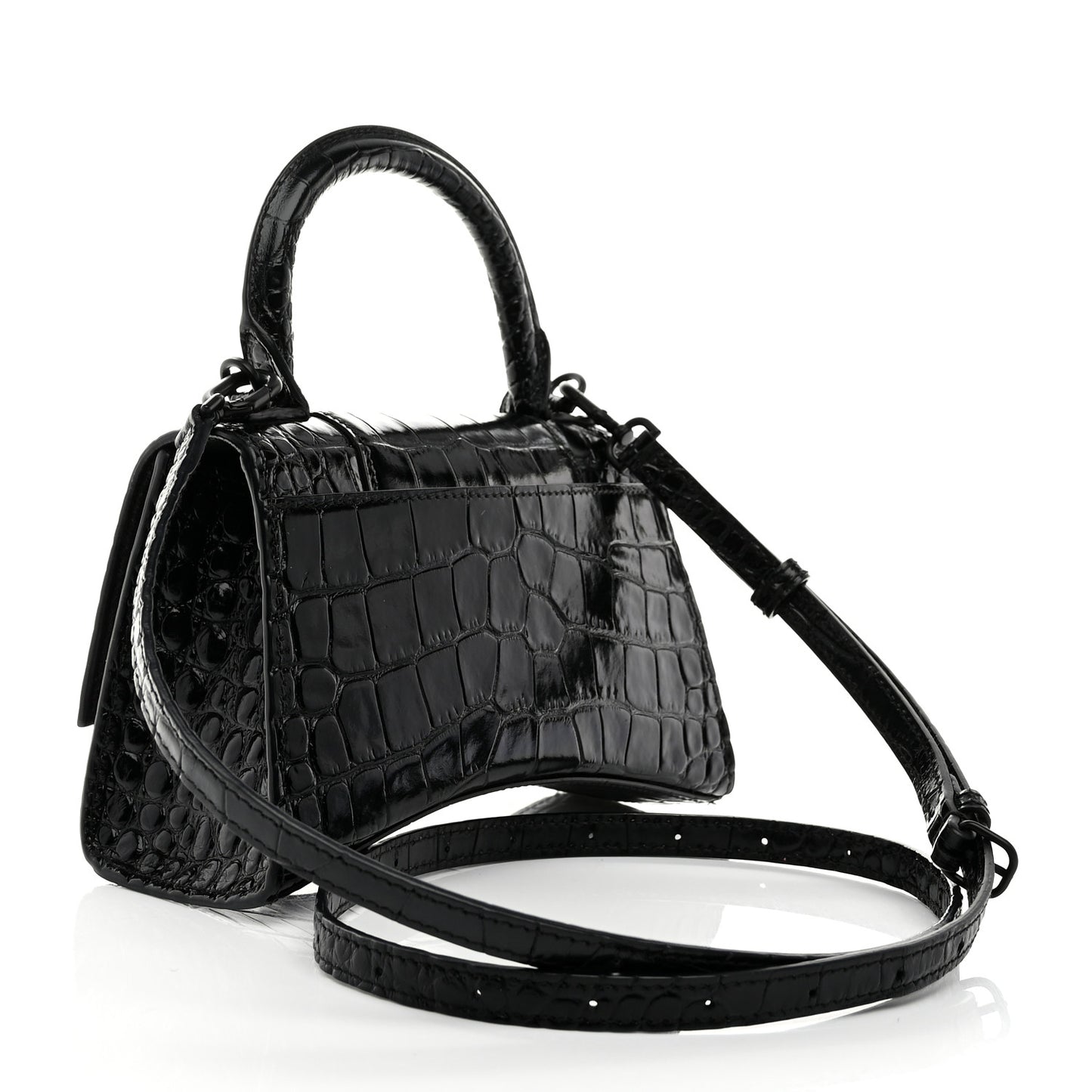 Shiny Calfskin Monochrome Crocodile Embossed Hourglass Top Handle Bag XS Black
