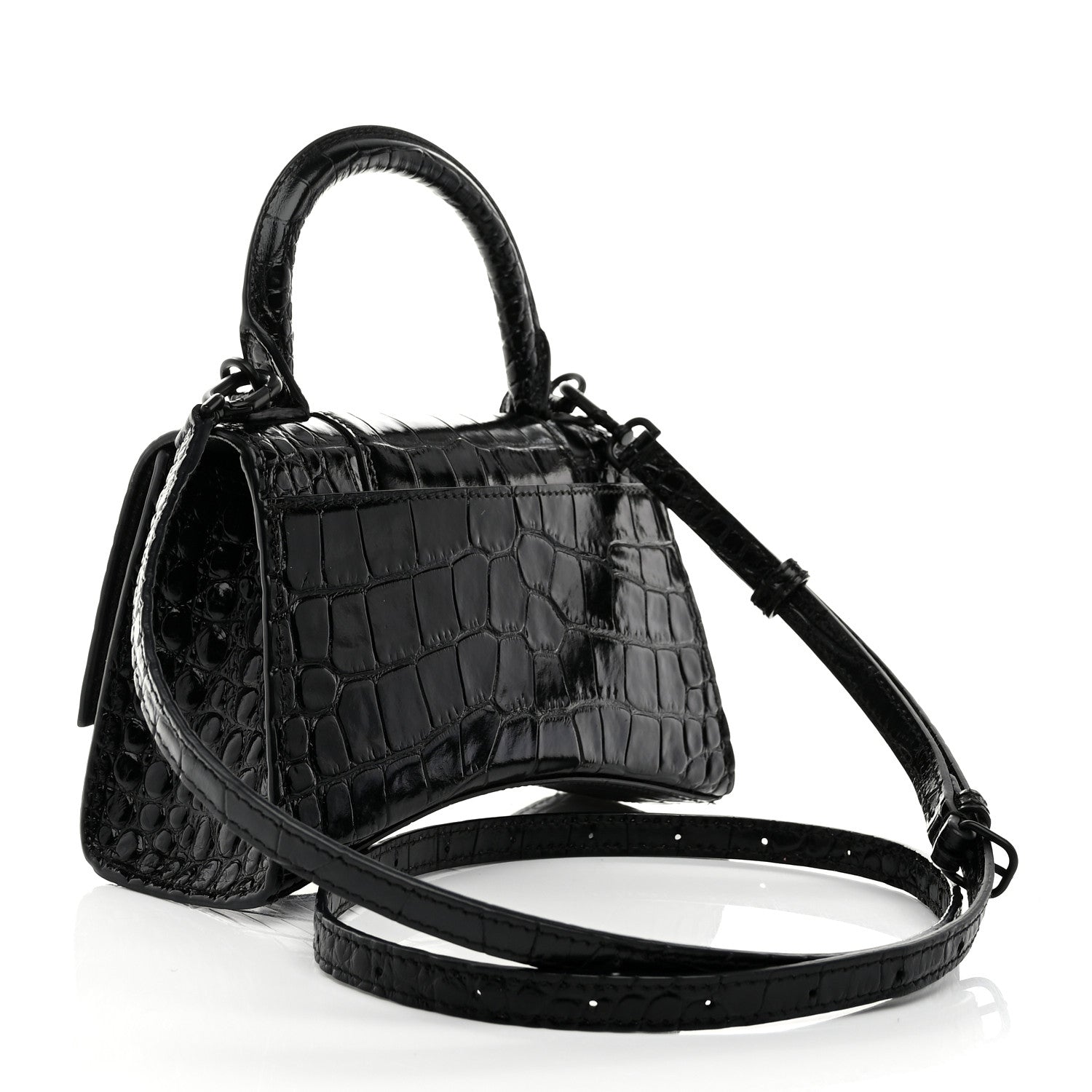 Balenciaga Shiny Calfskin Monochrome Crocodile Embossed Hourglass Top Handle Bag XS Black 3 of 9