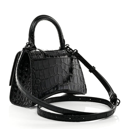 Balenciaga Shiny Calfskin Monochrome Crocodile Embossed Hourglass Top Handle Bag XS Black 3 of 9