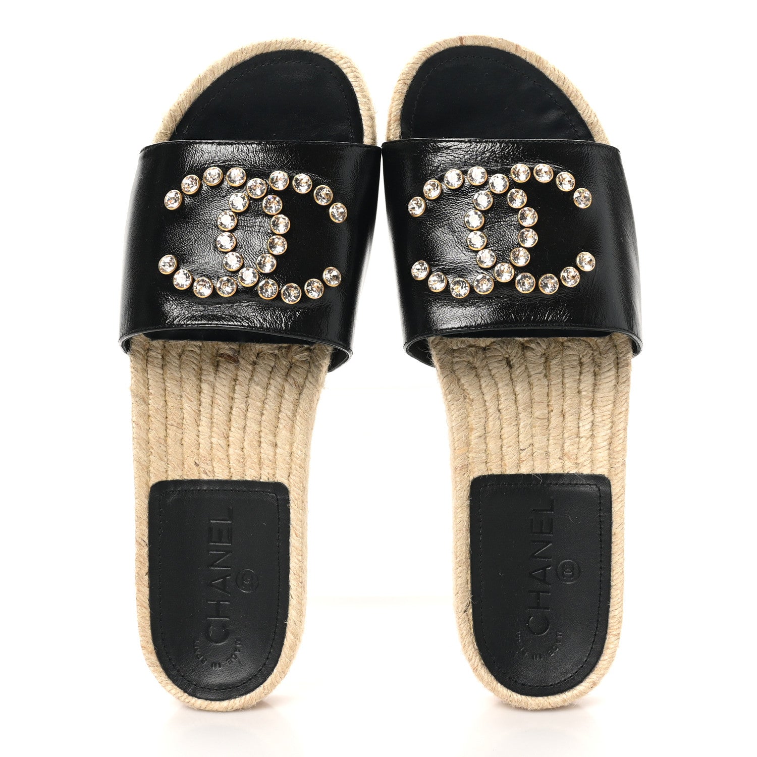 Chanel Patent Calfskin Crystal CC Espadrille Slip On Sandals 40 Black 2 of 9