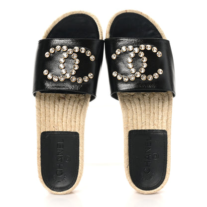 Chanel Patent Calfskin Crystal CC Espadrille Slip On Sandals 40 Black 2 of 9
