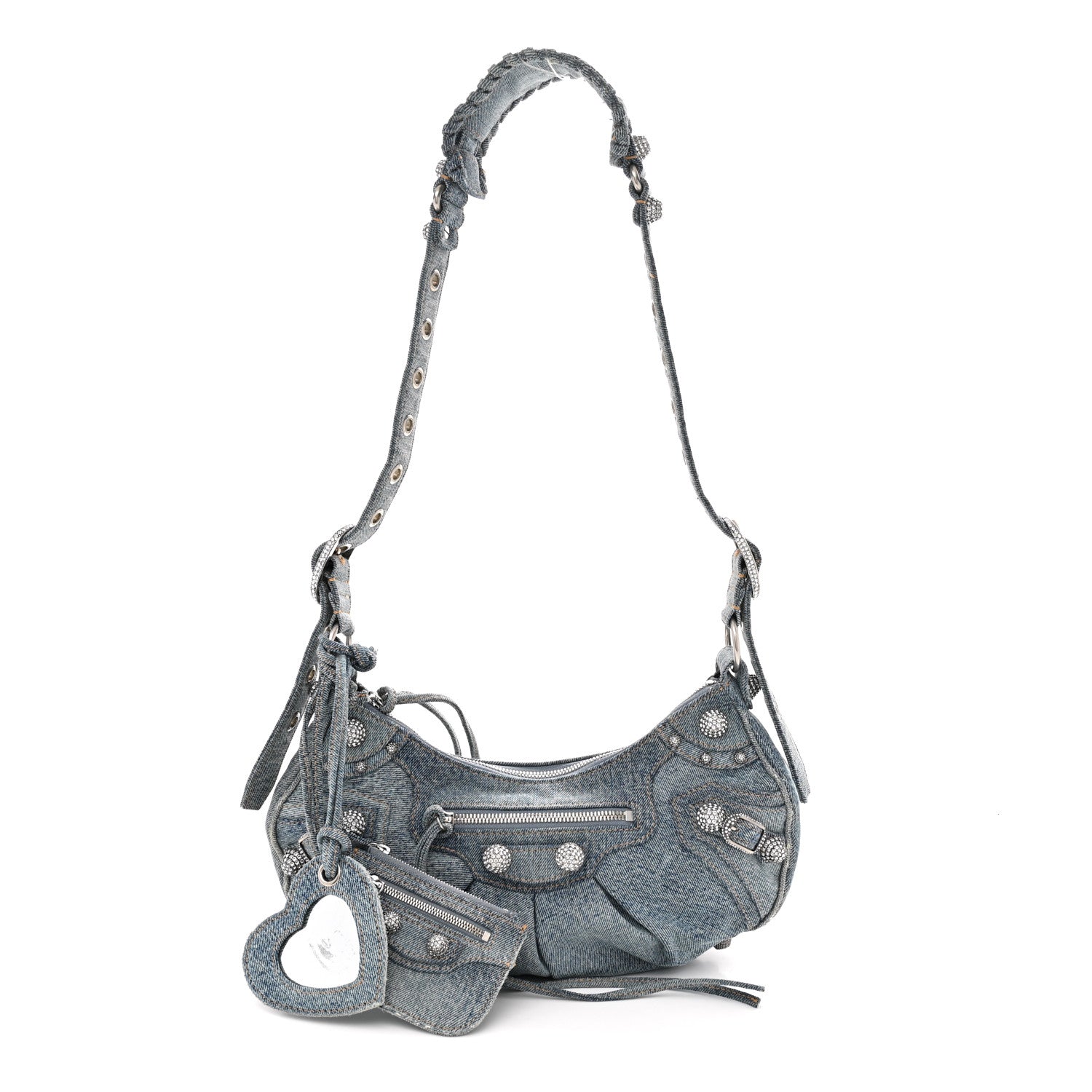 Balenciaga Washed Frayed Denim Crystal Small Le Cagole Shoulder Bag XS Blue 4 of 25
