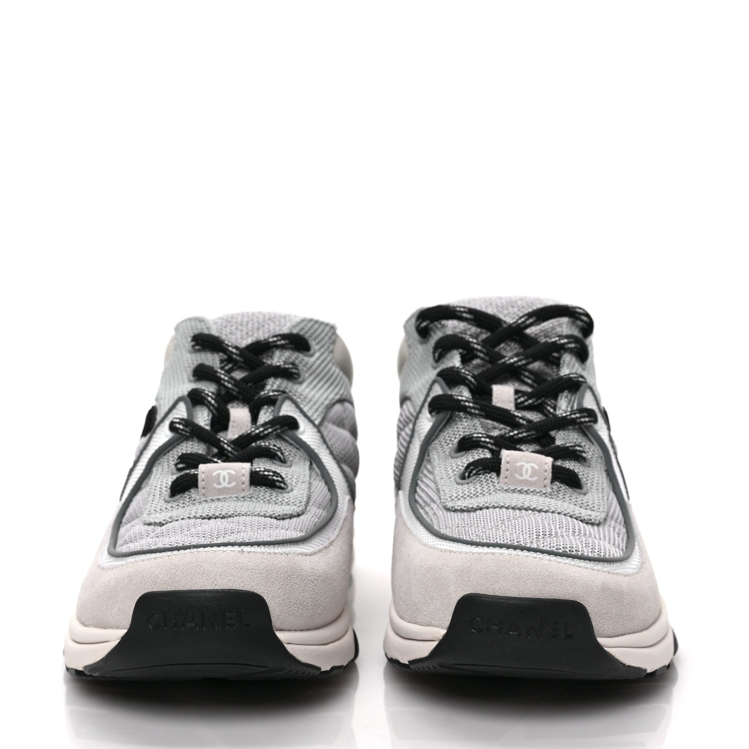 Chanel Nylon Calfskin Suede Womens CC Sneakers 38 Grey White 2 of 7