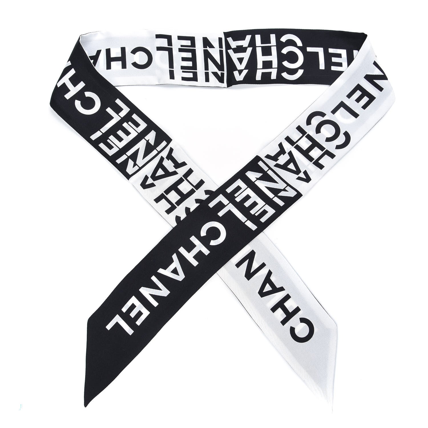 Chanel Silk Logo Slim Bandeau Scarf Black White 1 of 3