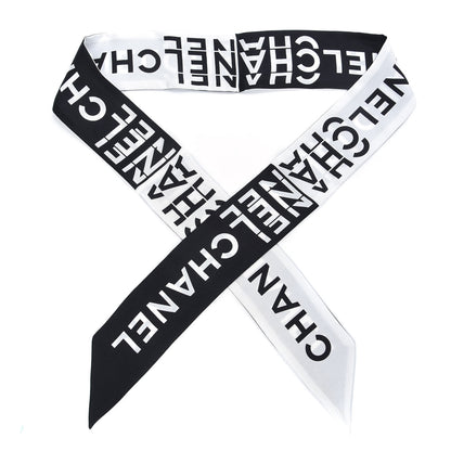 Chanel Silk Logo Slim Bandeau Scarf Black White 1 of 3