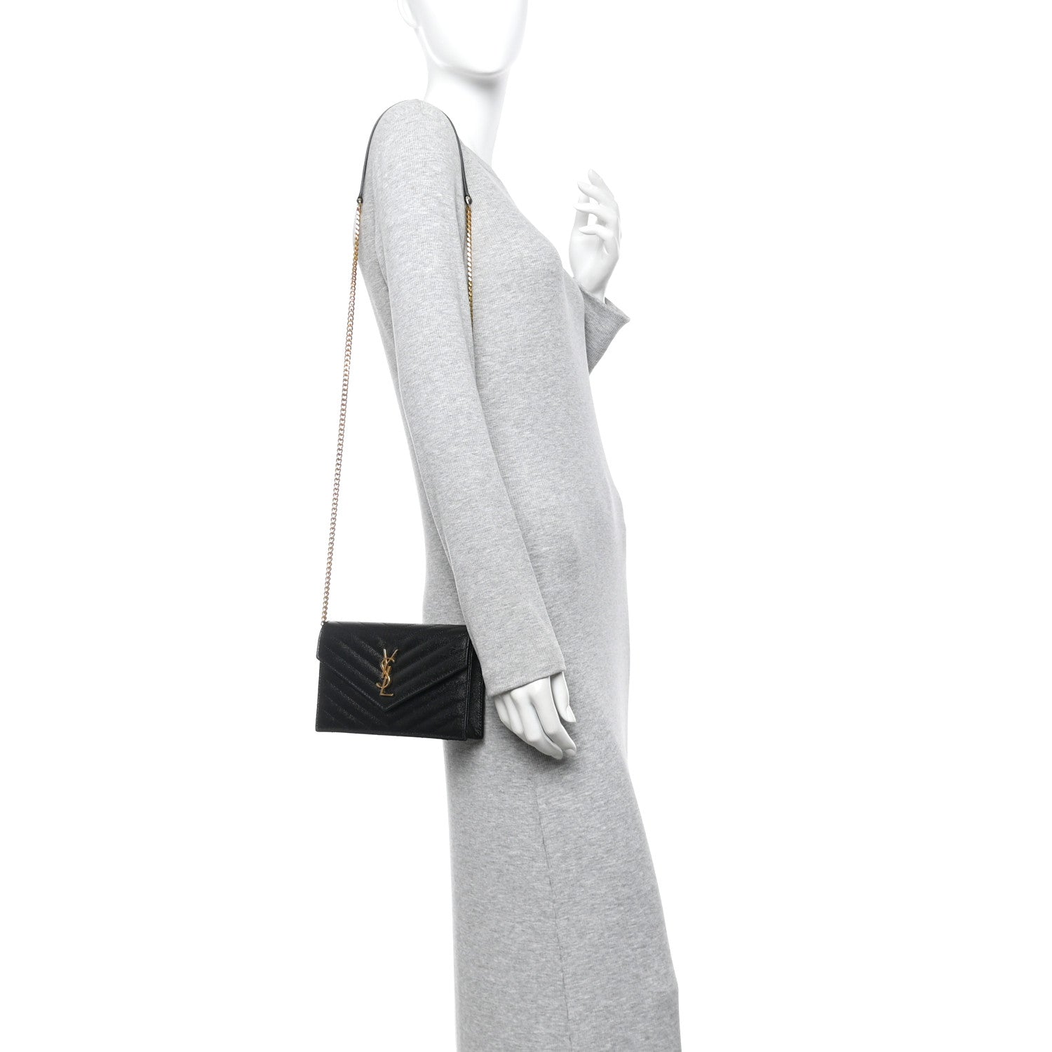 Saint Laurent Grain De Poudre Matelasse Chevron Monogram Envelope Chain Wallet Black 2 of 14