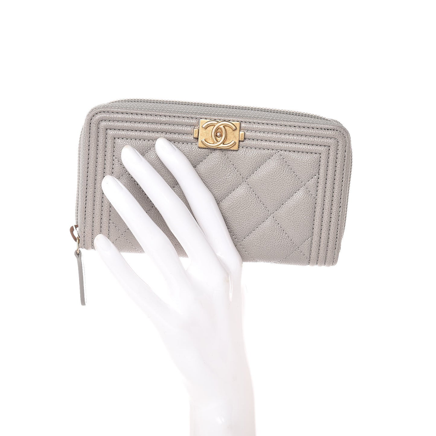 Caviar Quilted Small Boy Zip Around Wallet Grey