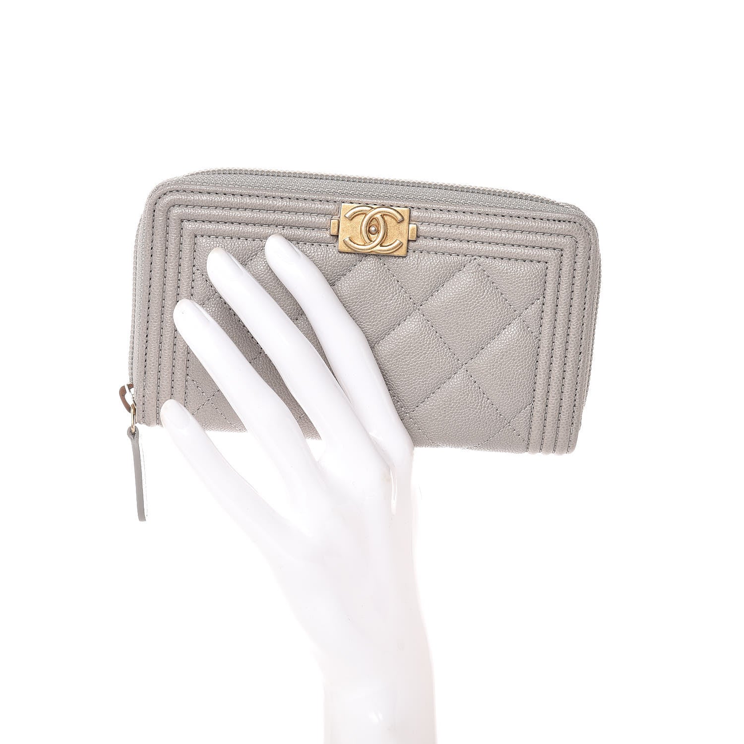 Chanel Caviar Quilted Small Boy Zip Around Wallet Grey 2 of 8