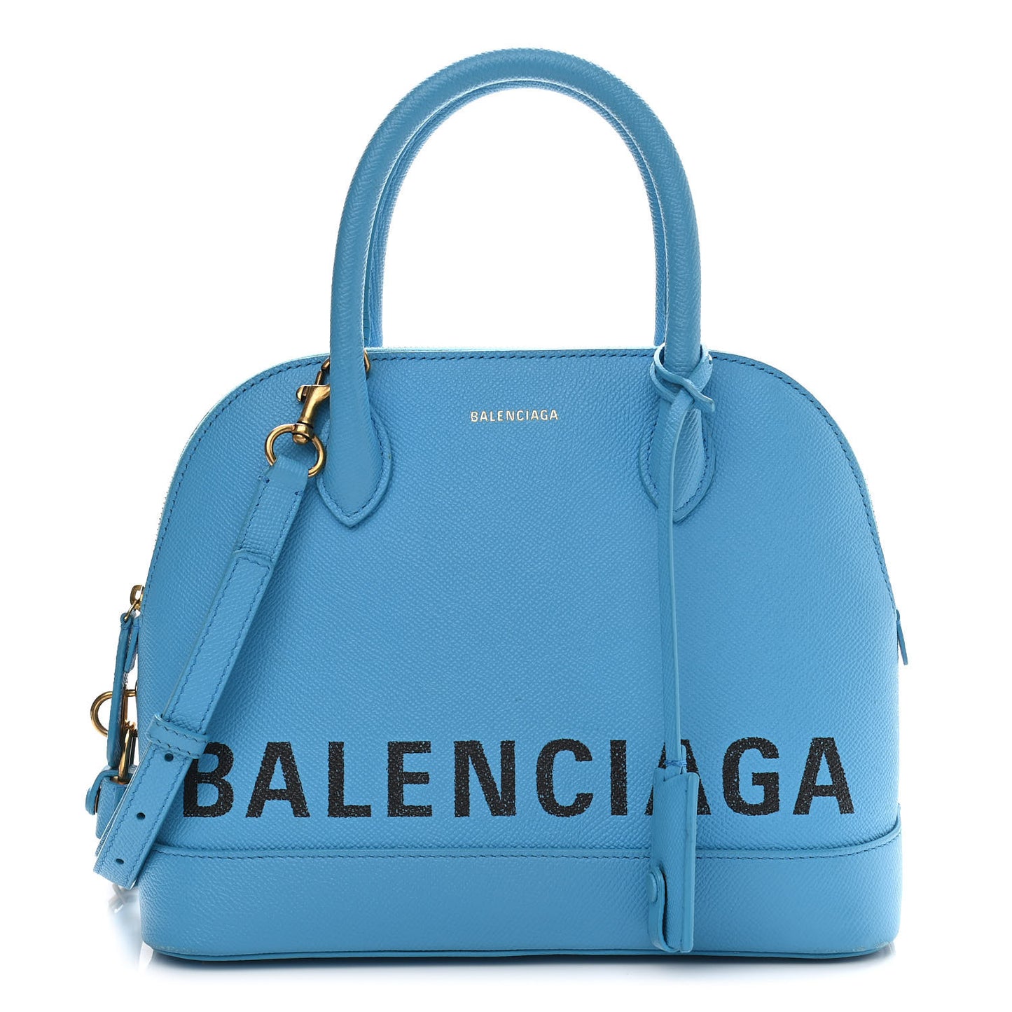Signature Grained Calfskin Logo S Ville Top Handle Bag Bleu Turquoise