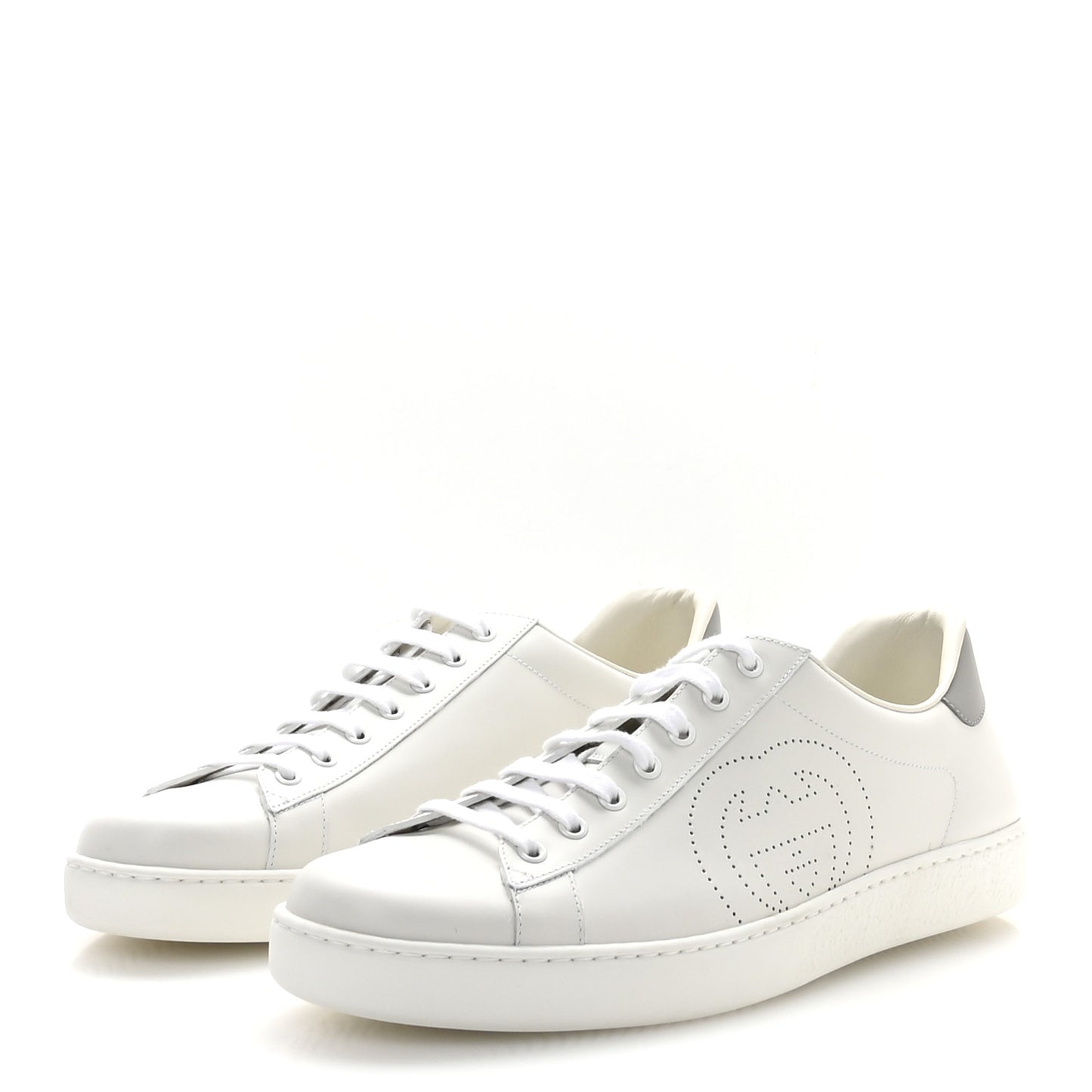 Calfskin Interlocking G Perforated Mens Ace Sneakers 12 White Grey Sky