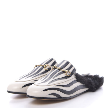 Gucci Malaga Kid Fur Zebra Inlay Womens Princetown Slippers 39 Mystic White Black 3 of 8