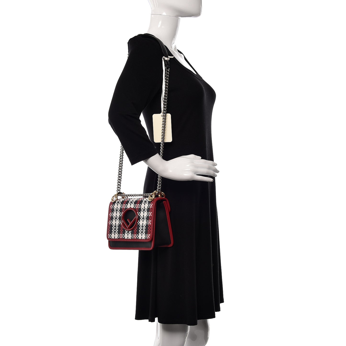 Calfskin F is Woven Tartan Small Kan I Shoulder Bag Black Fragola White