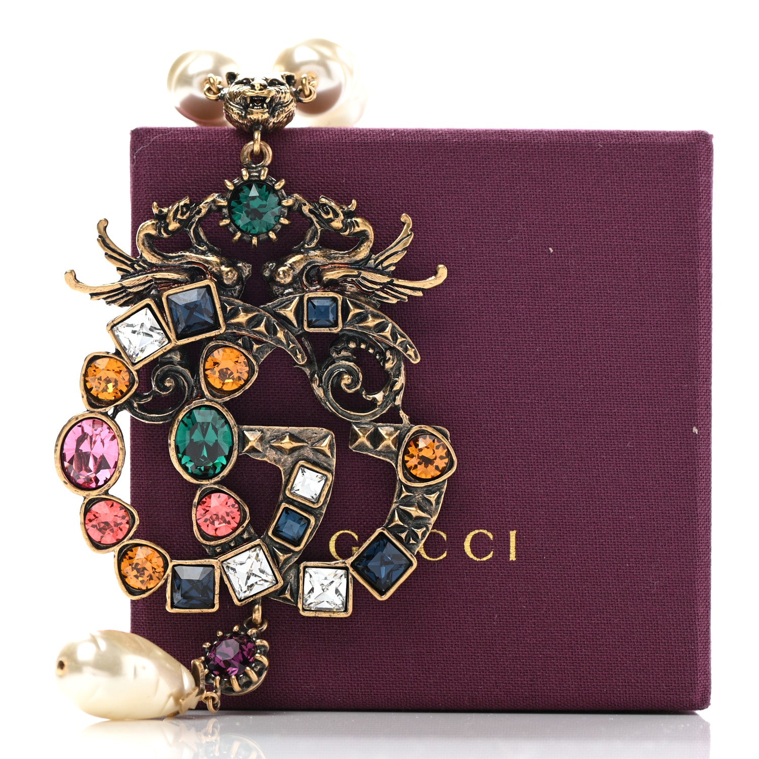 Gucci Crystal Pearl Marmont Dragon Necklace Aged Gold Multicolor 7 of 7