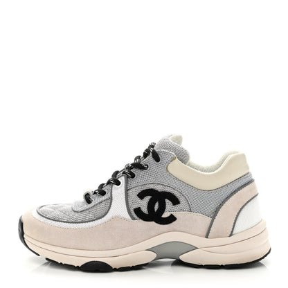 Chanel Nylon Calfskin Suede Womens CC Sneakers 36 Grey White 1 of 10