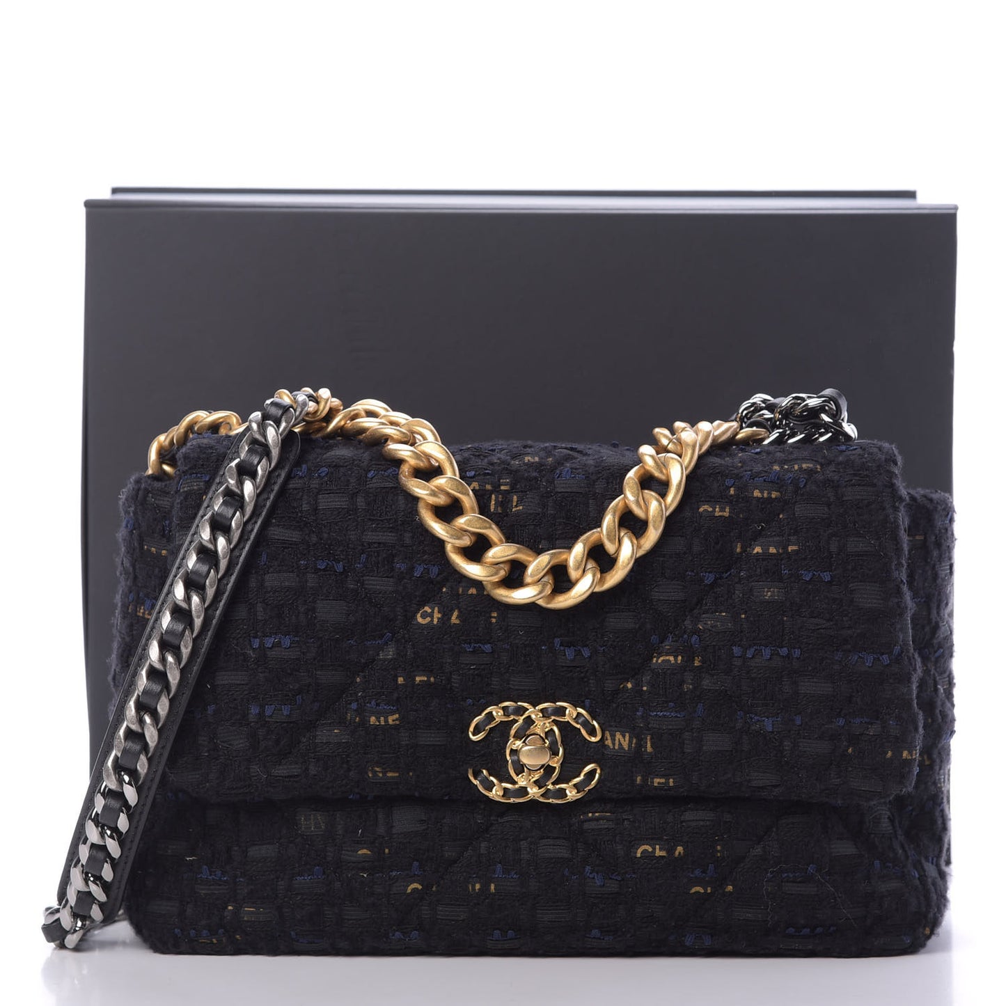 Tweed Quilted Large Chanel 19 Flap Black Navy Gold