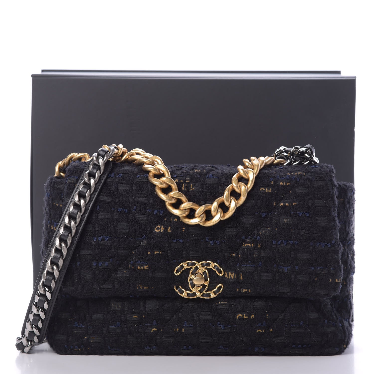 Chanel Tweed Quilted Large Chanel 19 Flap Black Navy Gold 11 of 11