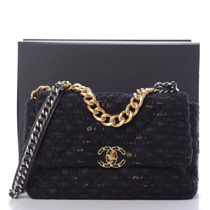 Chanel Tweed Quilted Large Chanel 19 Flap Black Navy Gold 11 of 11