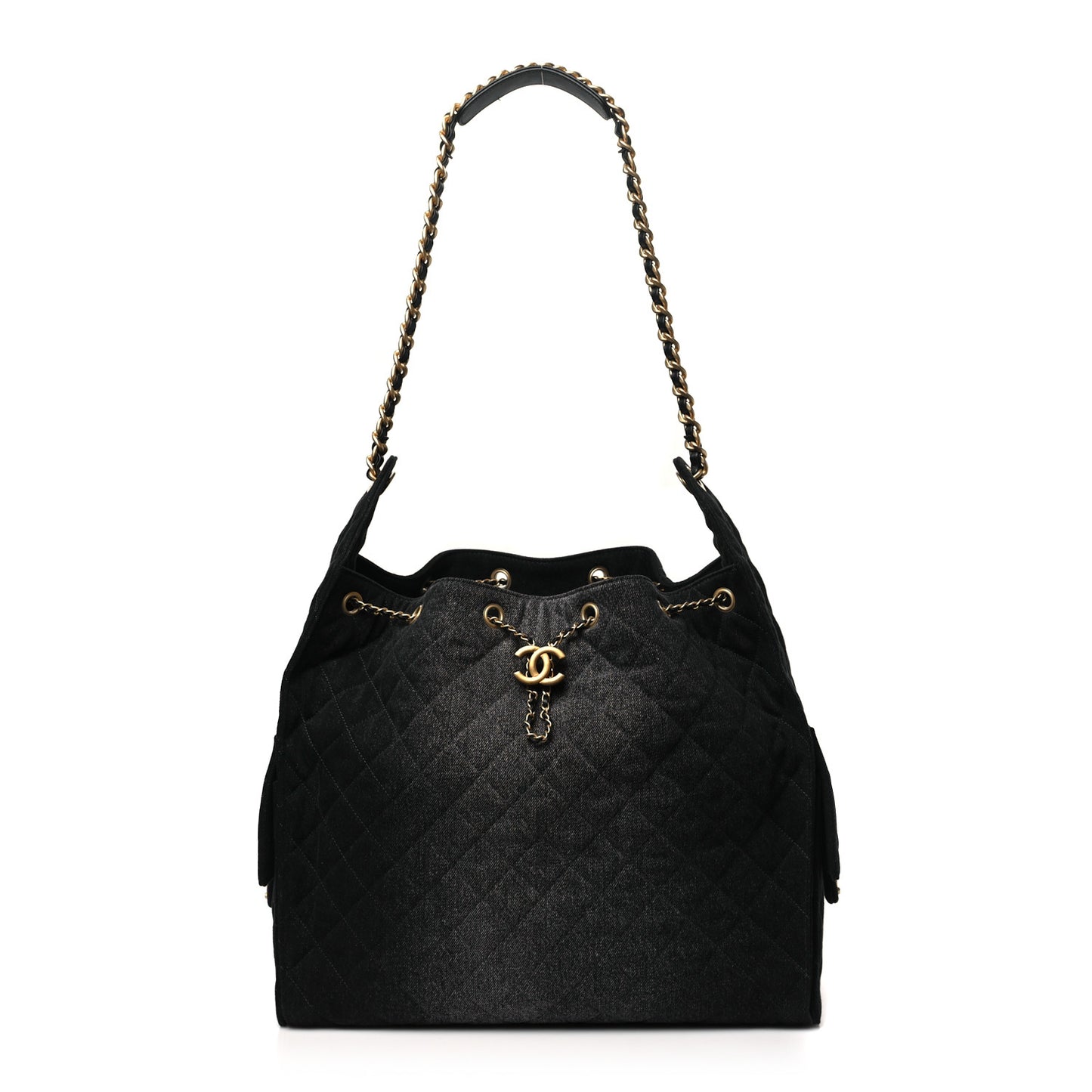Washed Denim Quilted Large Chanel 25 Handbag Black
