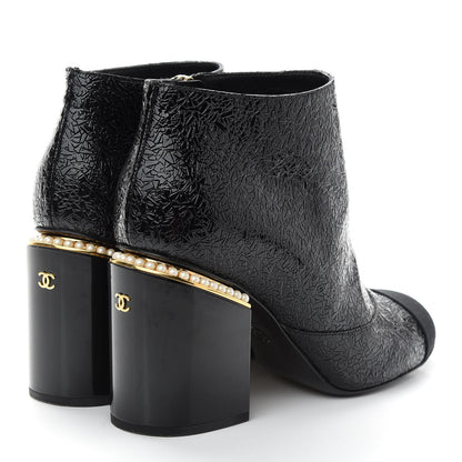 Chanel Patent Pearl Cap Toe Ankle Boots 37.5 Black 4 of 8