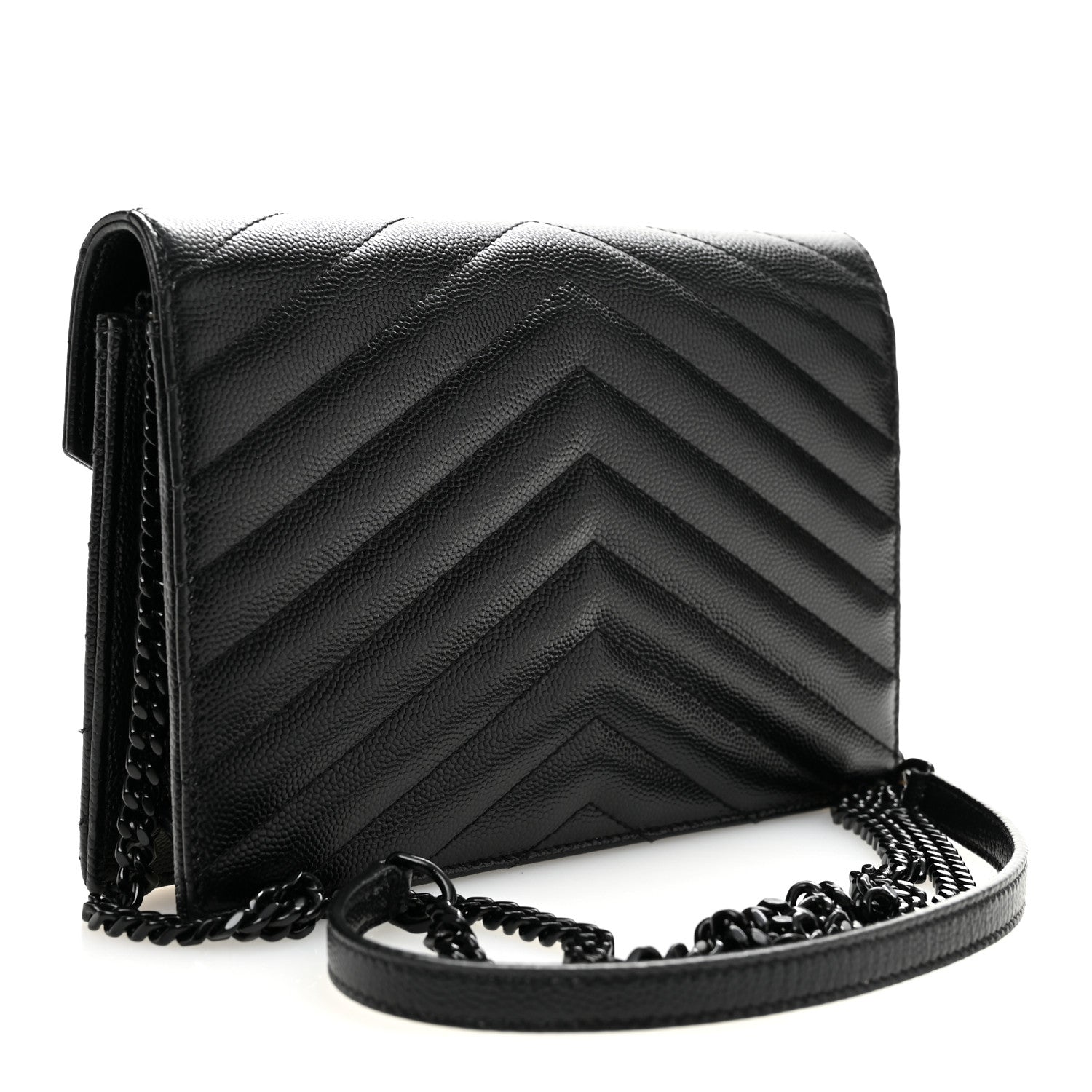 Saint Laurent Grain De Poudre Matelasse Chevron Monogram Monochrome Envelope Chain Wallet Black 3 of 12