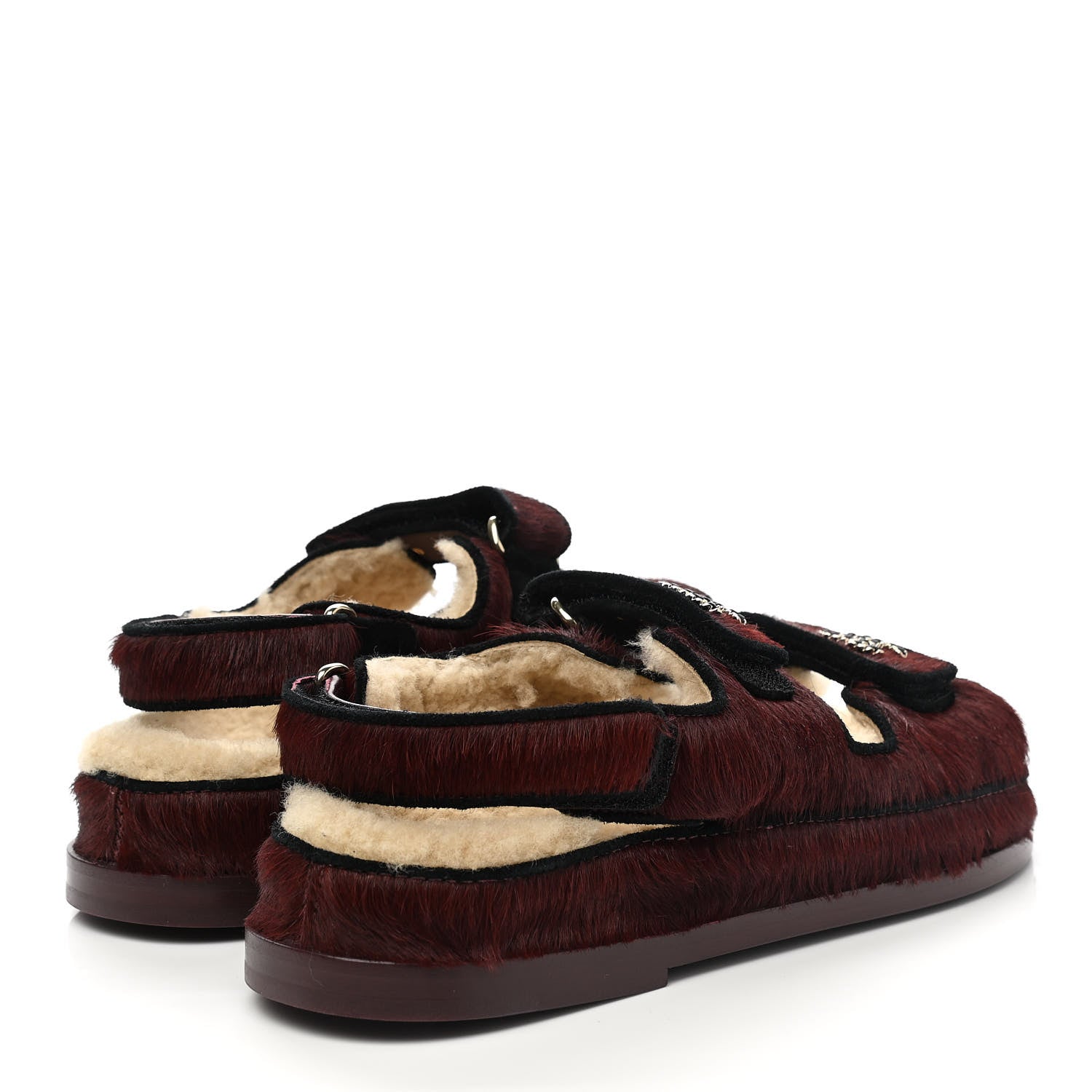 Chanel Calfskin Hair Suede Shearling Dad Sandals 37 Burgundy Black 4 of 9
