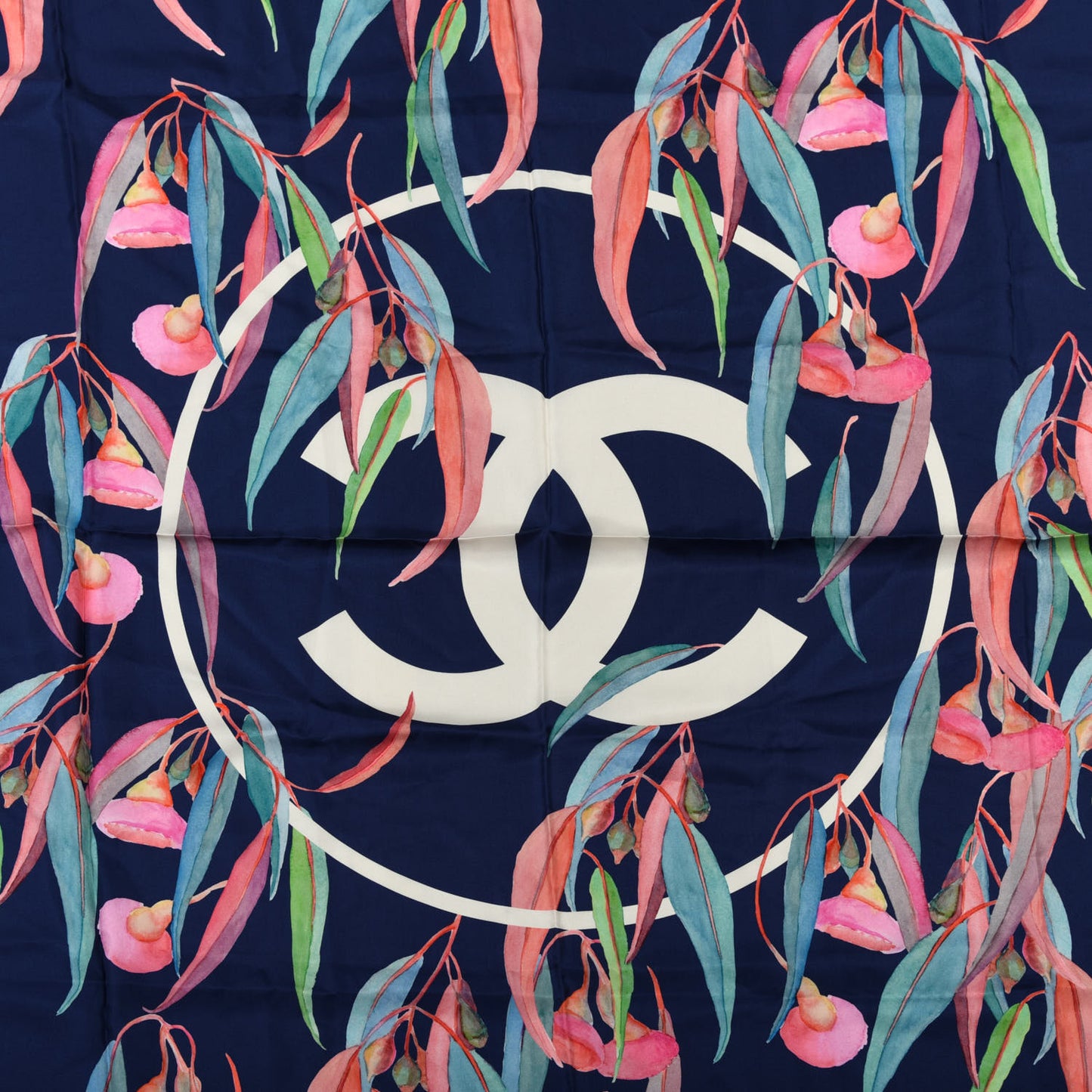Silk CC Logo Floral Fringe Scarf Navy Blue