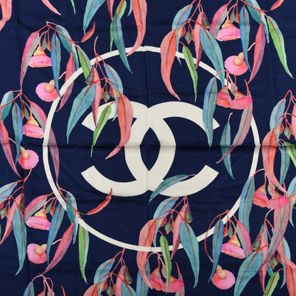 Chanel Silk CC Logo Floral Fringe Scarf Navy Blue 4 of 4
