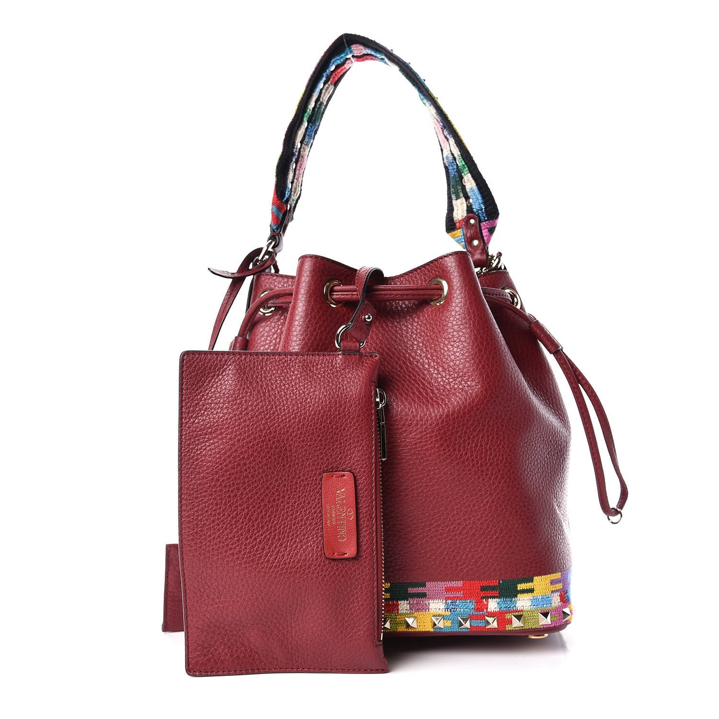 Pebbled Calfskin Embroidered Geo Bucket Bag Camelia