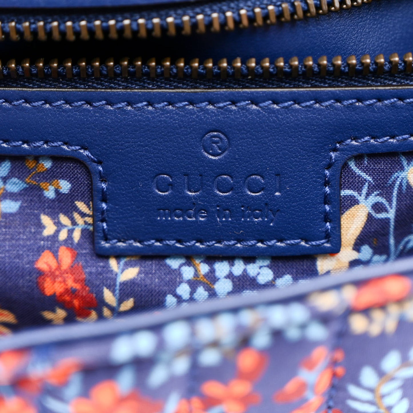 Cotton Calfskin Matelasse Floral Print Small GG Marmont Shoulder Bag Blue Red Deep Ocean Blue