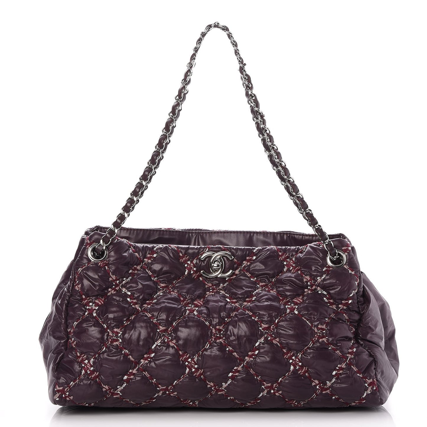 Nylon Quilted Tweed Stitch Bubble Tote Plum