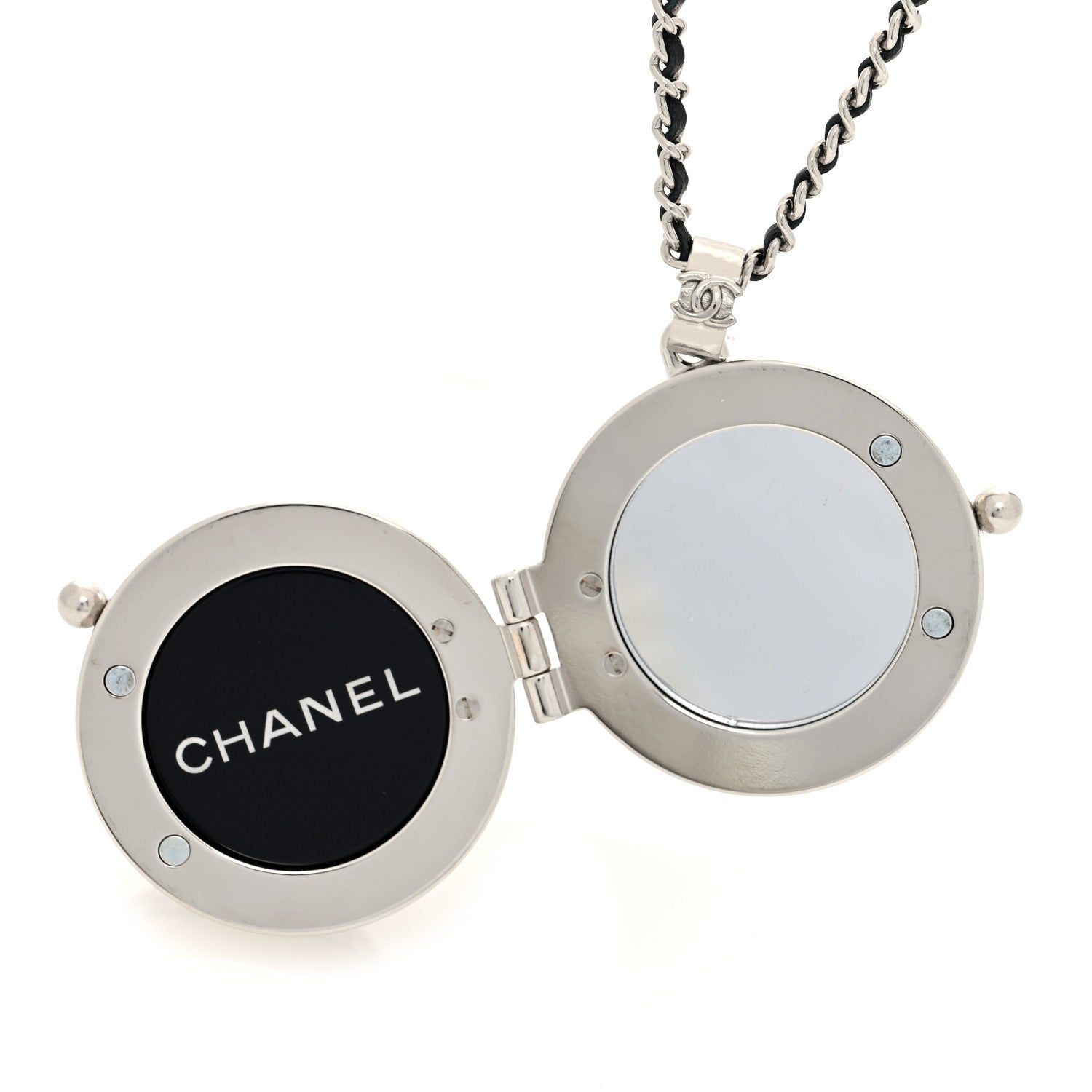 Chanel Resin Crystal Lambskin Ball Mirror Necklace Black Silver 4 of 6