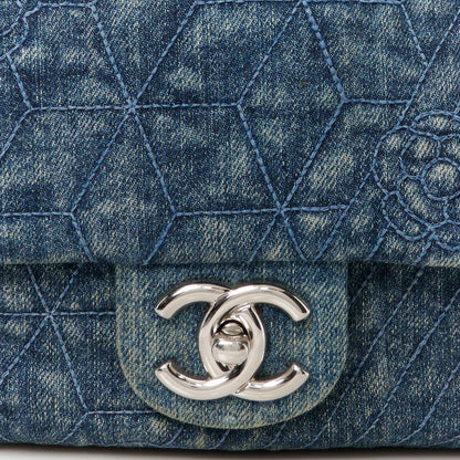 Chanel Denim Quilted Camellia Embroidered Large Flap Blue 9 of 11