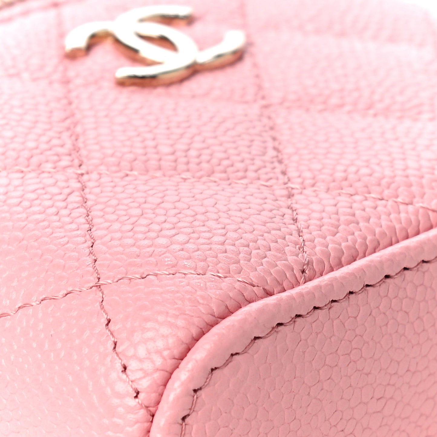 Caviar Quilted Small Handle With Care Vanity Case With Chain Pink
