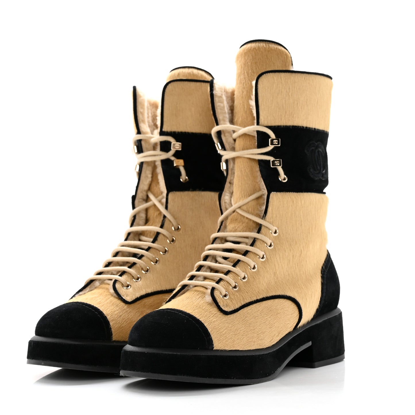 Suede Pony Hair Shearling Lace Up Combat Boots 40 Beige Black