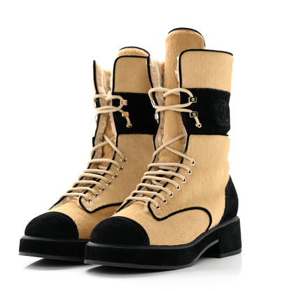 Chanel Suede Pony Hair Shearling Lace Up Combat Boots 40 Beige Black 3 of 15