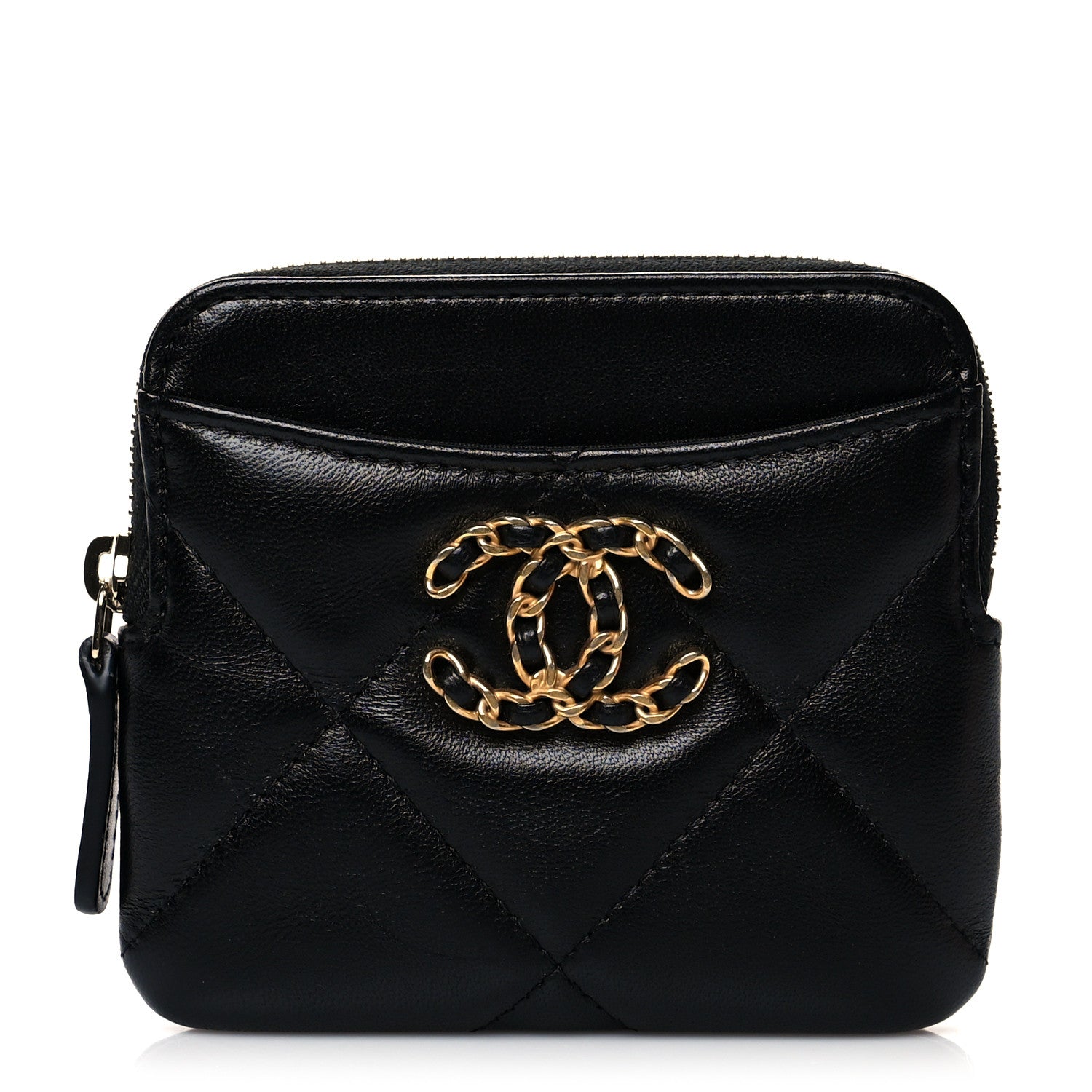 Chanel Lambskin Quilted Chanel 19 Zip Card Holder Wallet Black 1 of 8