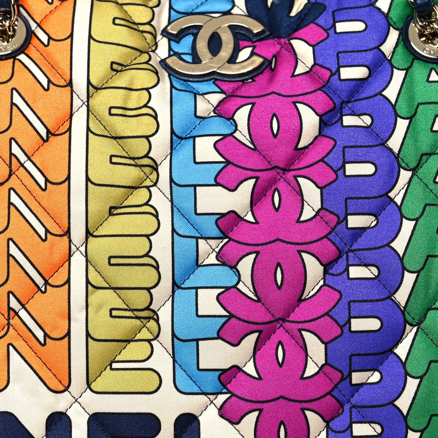 Printed Fabric Quilted Logo Large Shopping Tote Multicolor