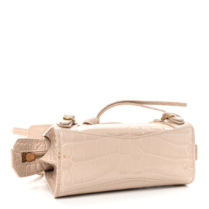 Balenciaga Shiny Supple Calfskin Crocodile Embossed Neo Classic Gold Hardware Nano City Crossbody Light Beige 4 of 9