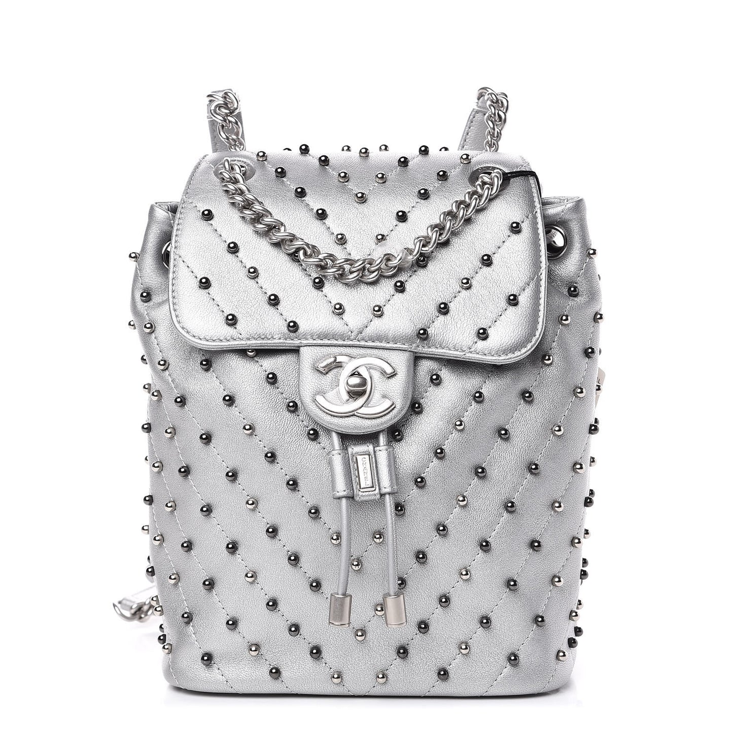 Metallic Lambskin Chevron Quilted Studded Stud Wars Backpack Silver