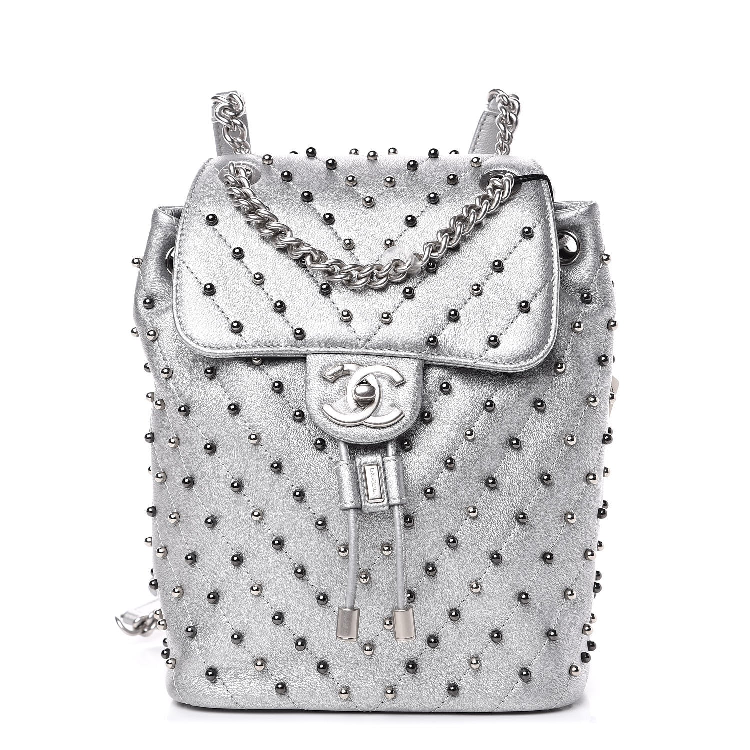 Chanel Metallic Lambskin Chevron Quilted Studded Stud Wars Backpack Silver 1 of 11