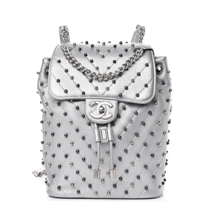 Chanel Metallic Lambskin Chevron Quilted Studded Stud Wars Backpack Silver 1 of 11