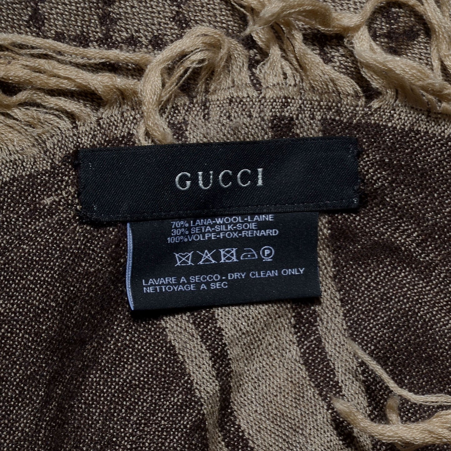 Wool Silk Fox Fur Monogram Shawl Scarf Brown