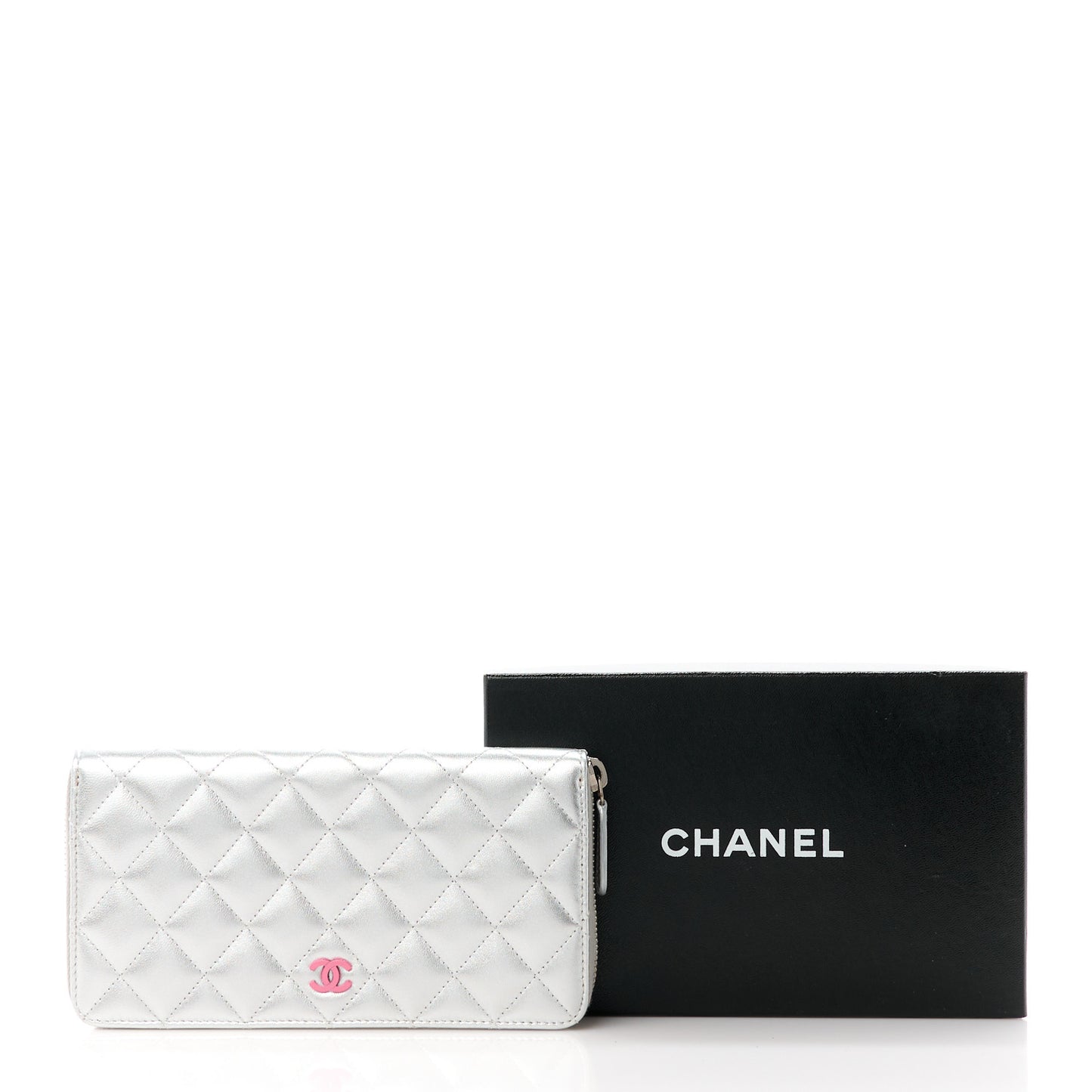 Metallic Lambskin Quilted Large Gusset Zip Around Wallet Silver Pink