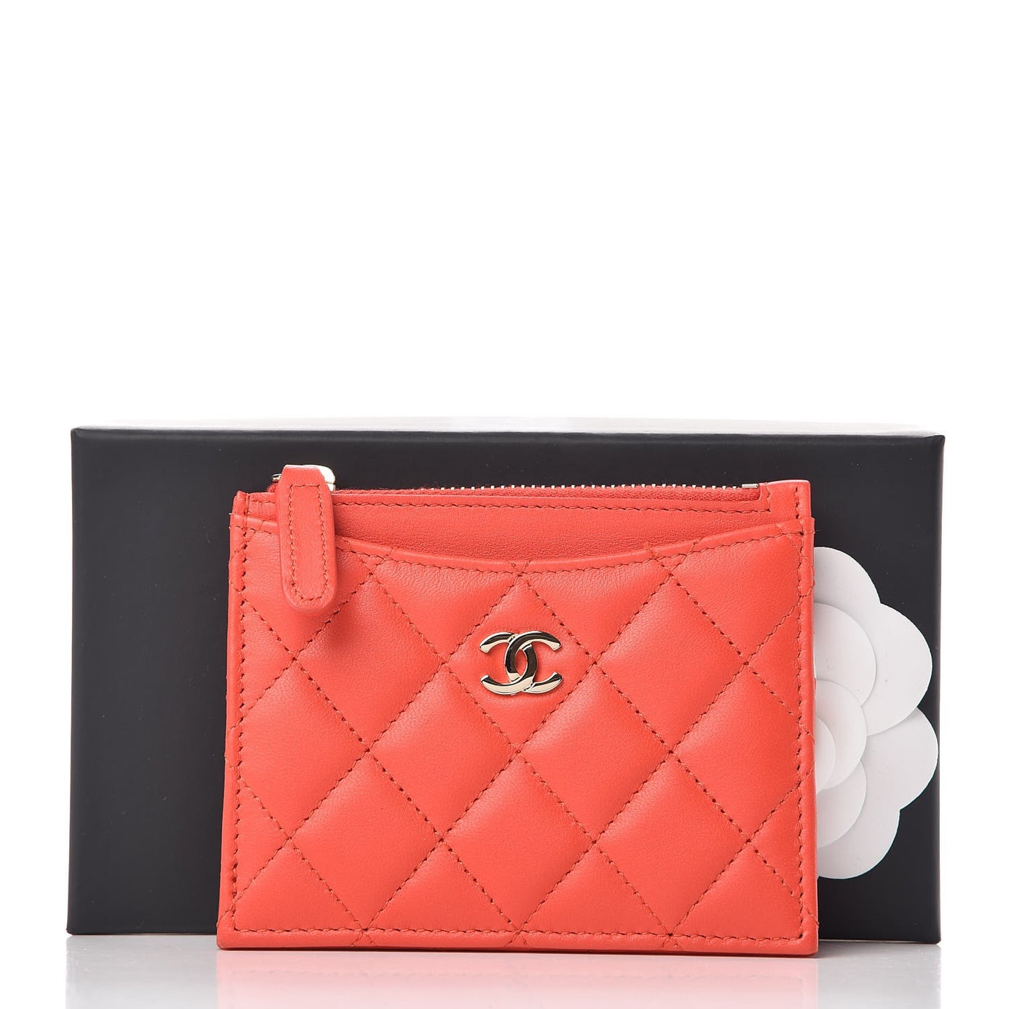 Lambskin Quilted Zip Card Holder Red