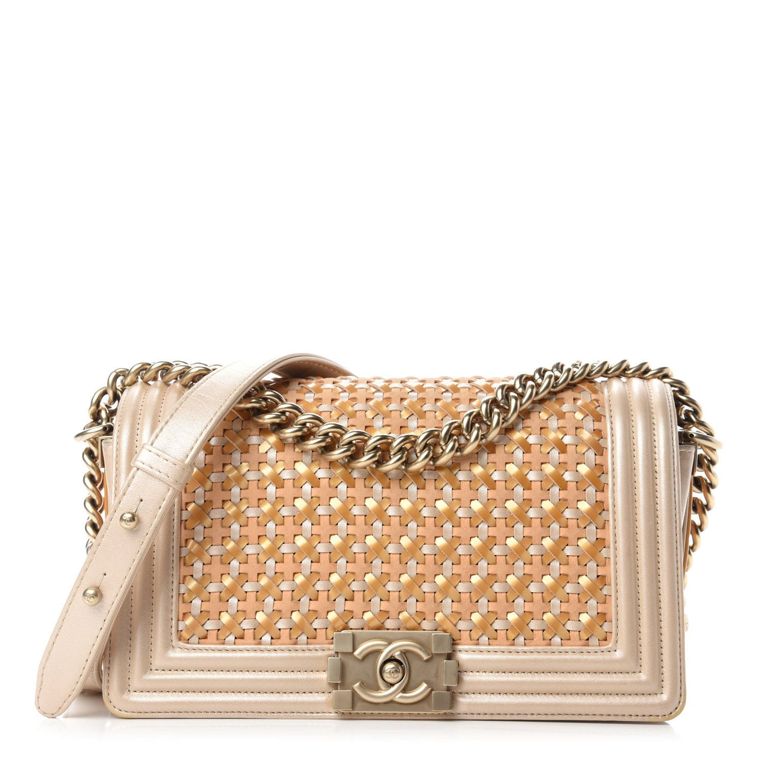 Chanel Metallic Calfskin Braided Medium Boy Flap Beige Multicolor 1 of 10