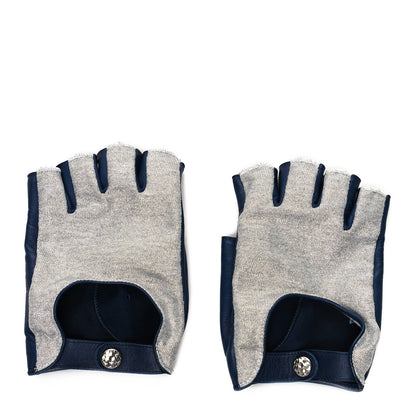 Chanel Lambskin Cloth Woven Fingerless Gloves 51 Navy Silver 1 of 5